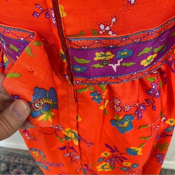 Size XS Orange Purple Vibrant Maxi Dress VTG 60s 70s Gogo Mod Boho Hippie Floral - Picture 10 of 16